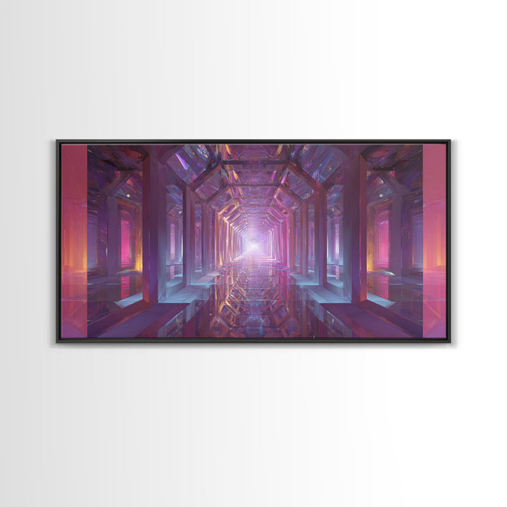 Futuristic Abstract Tunnel With Neon Lights And Mirrors Surreal Digital Art Wall Art Canvas Print