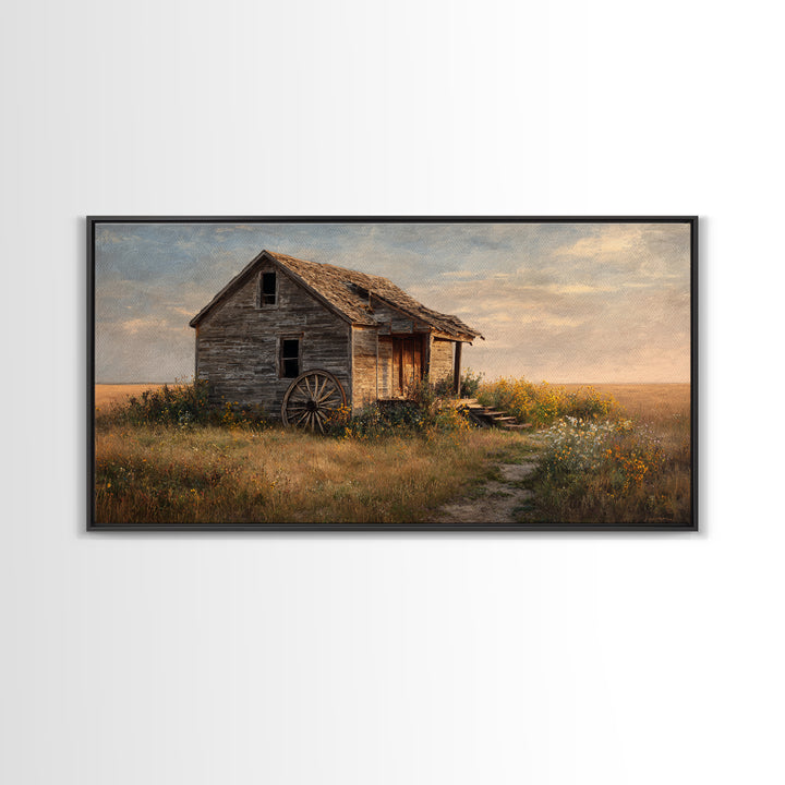 Rustic Abandoned Schoolhouse In Countryside Autumn Landscape Painting Wall Art Canvas Print For Farmhouse Décor