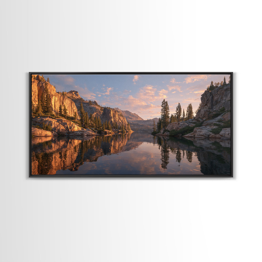 Golden Hour Mountain Lake Landscape With Reflection And Trees Framed Canvas Print Rustic Wall Art For Living Room Decor