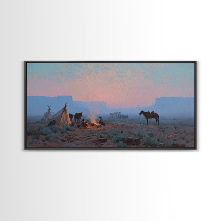 Rustic Cowboy Campfire Scene Oil Painting Wall Art Showcasing Western Lifestyle With Horses For Farmhouse Living Room Decor Framed Canvas Print