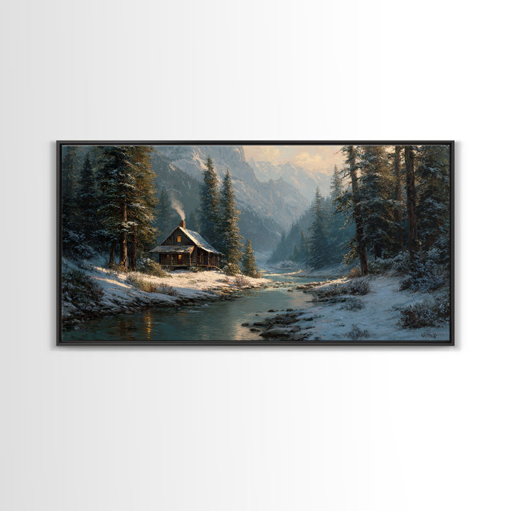 Rustic Winter Landscape Painting Of Cabin Beside Snowy Stream Large Wall Art Original Painting Canvas Print