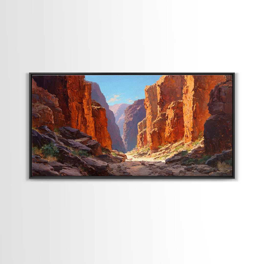 Majestic Canyon Landscape Oil Painting With Dramatic Cliff Sunlight And Shadows Large Wall Art Framed Canvas Print For Rustic Home Decor
