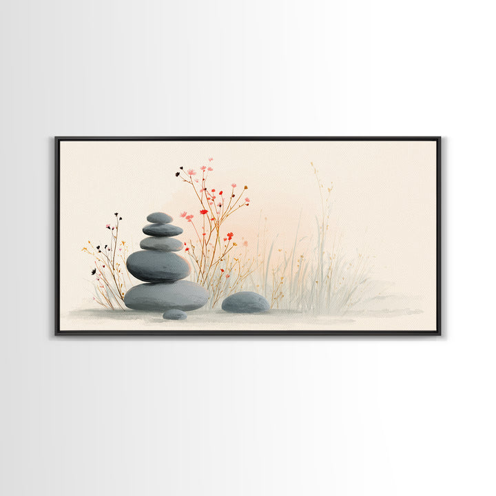 Stacked Zen Stones With Delicate Botanicals Wall Art, Minimalist Spa Decor, Calming Meditation Room Canvas Print, Neutral Home Decor