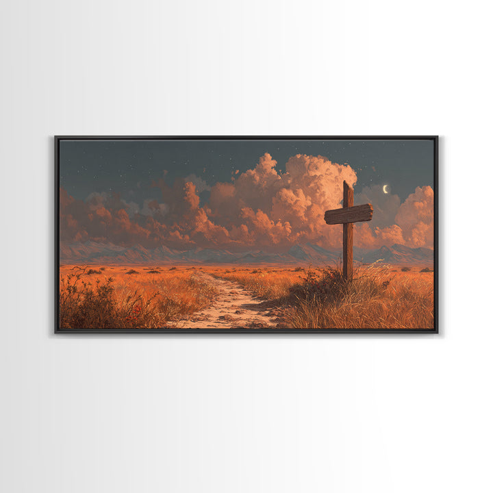 Tranquil Desert Landscape Sunlit Path With Cross Wall Art Sunset Painting Canvas Print Home Decor