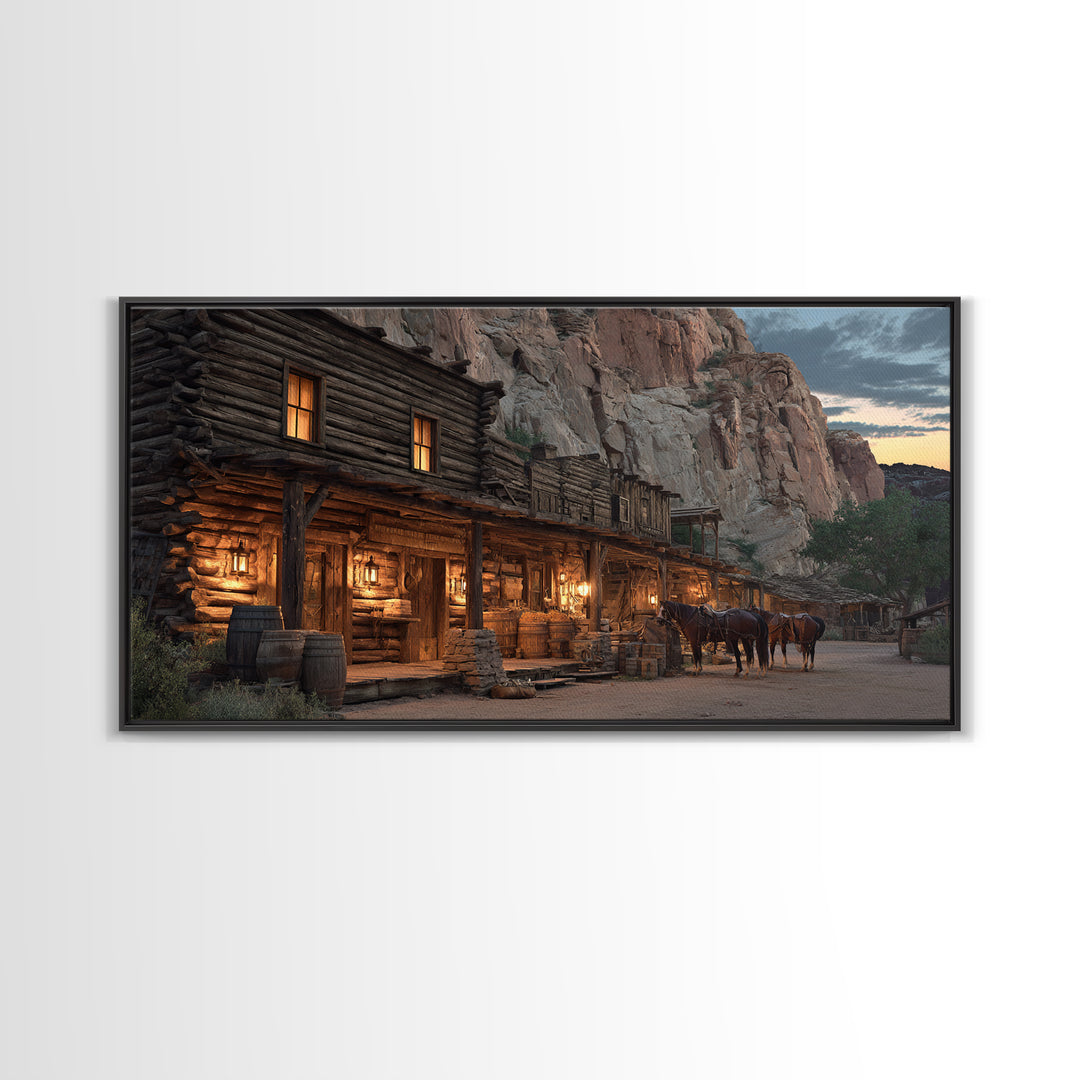 Historic Old Western Log Cabin With Horses At Dusk Wall Art Framed Canvas Print For Rustic Home Décor