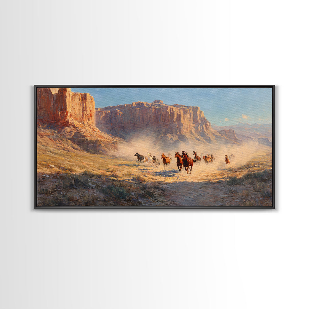 Dramatic Wild Horses Running Across Dusty Plains Majestic Western Landscape Wall Art Canvas Print for Rustic Home Decor