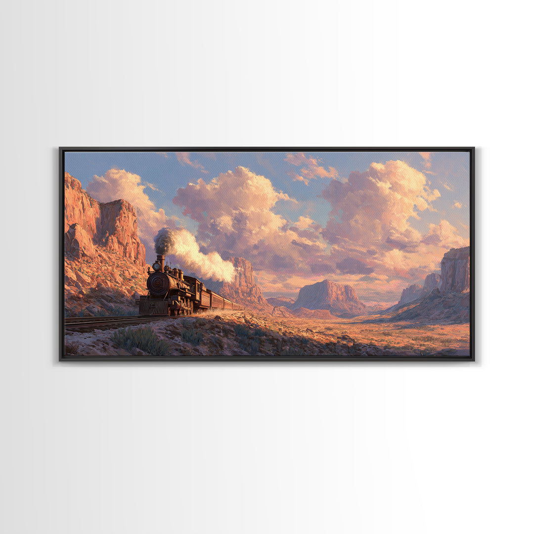 Vintage Steam Locomotive Train Crossing Desert Canyon Landscape Painting Canvas Print Rustic Wall Art