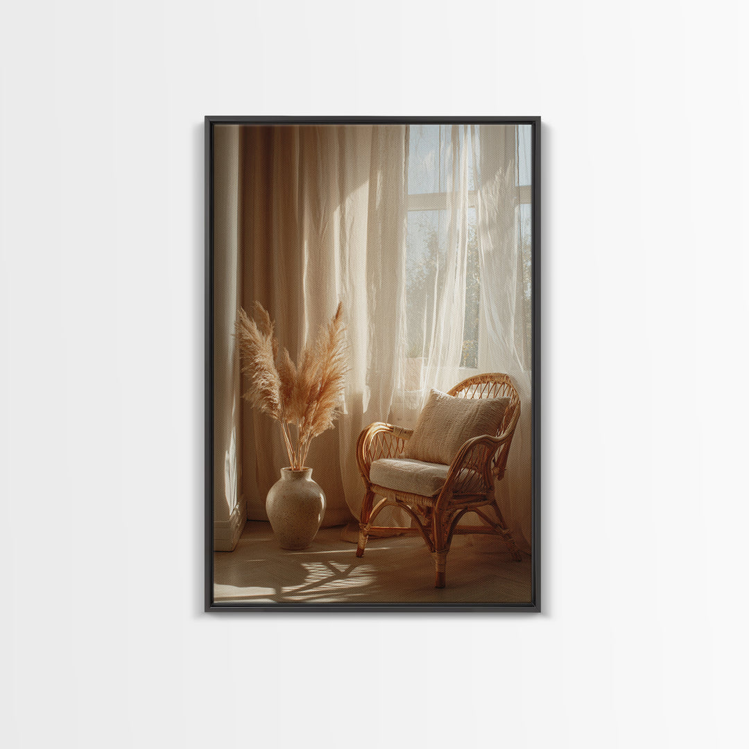 Sunlit Rattan Chair With Pampas Grass Framed Canvas Print, Boho Wall Art, Neutral Home Decor, Cozy Bedroom Wall Decor Print