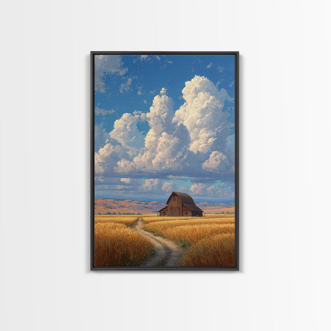 Quiet Serenity Of Rustic Barn In Golden Field Under Expansive Sky Wall Art Framed Canvas Print