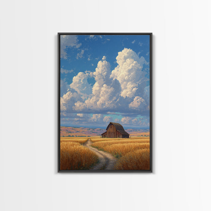 Quiet Serenity Of Rustic Barn In Golden Field Under Expansive Sky Wall Art Framed Canvas Print