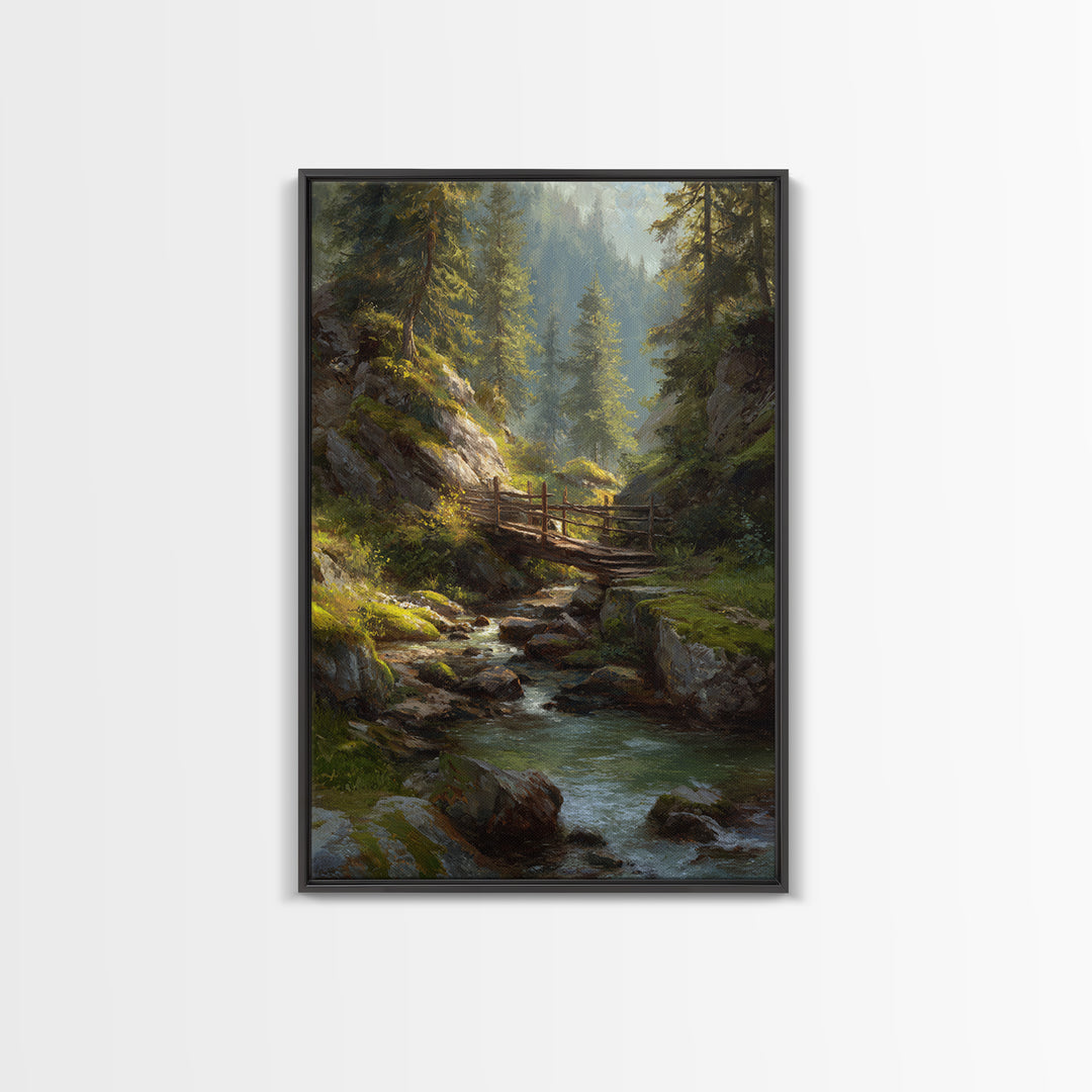 Peaceful Forest Stream Landscape Oil Painting With Bridge And Sunlight Fine Art Print Wall Art