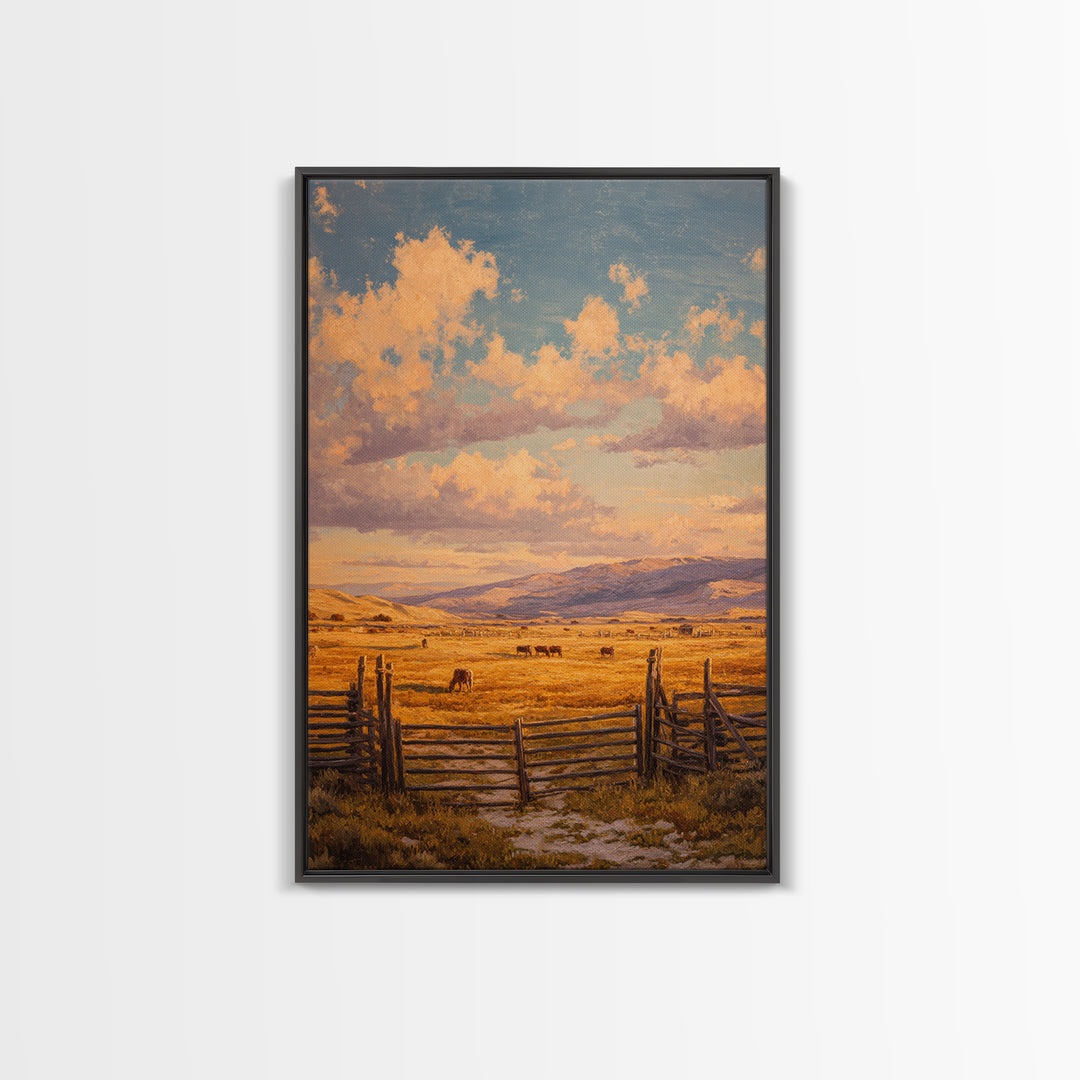 Classic Rural Landscape Oil Painting Rustic Farmhouse Scene With Fence And Cows Large Wall Art Framed Canvas Print