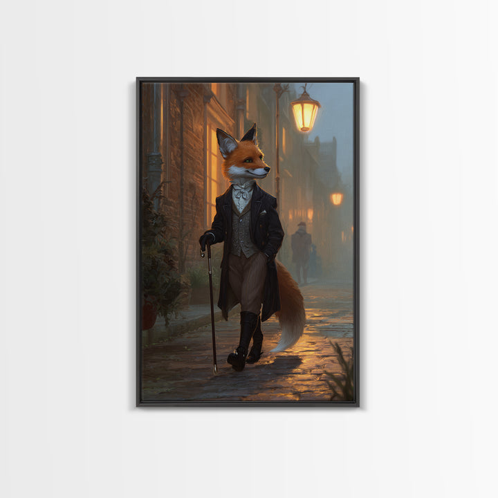 Victorian Fox Strolling Gaslit Street Wall Art, Dapper Animal Portrait, Dark Academia Decor, Whimsical Living Room Print