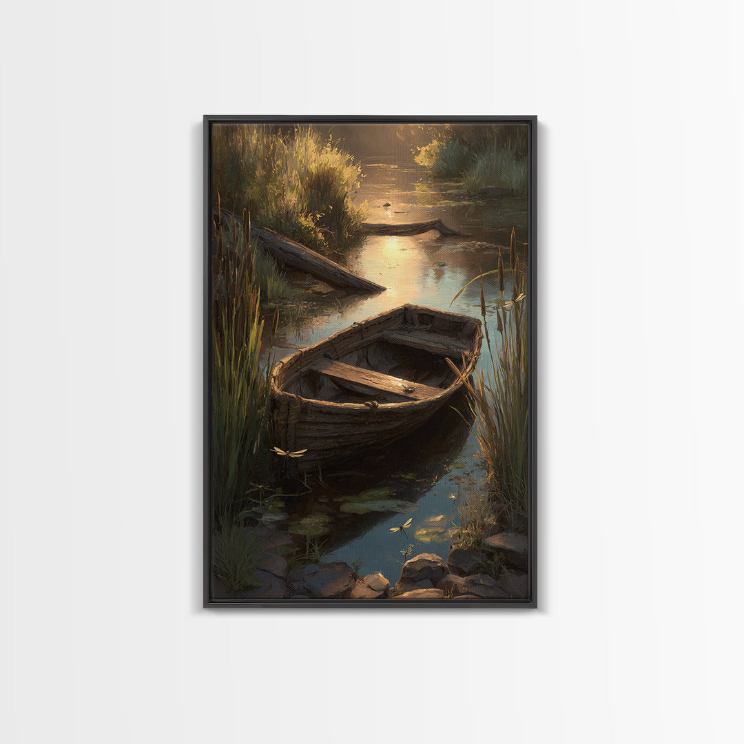 Serene Landscape Oil Painting Of Old Wooden Boat On Calm Water With Dragonflies Wall Art Framed Canvas Print