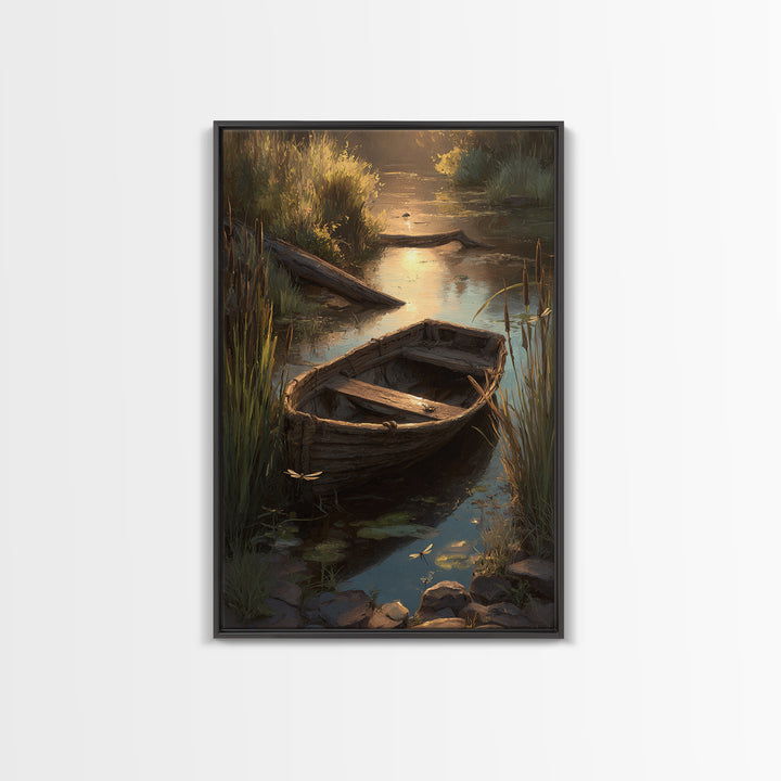 Serene Landscape Oil Painting Of Old Wooden Boat On Calm Water With Dragonflies Wall Art Framed Canvas Print
