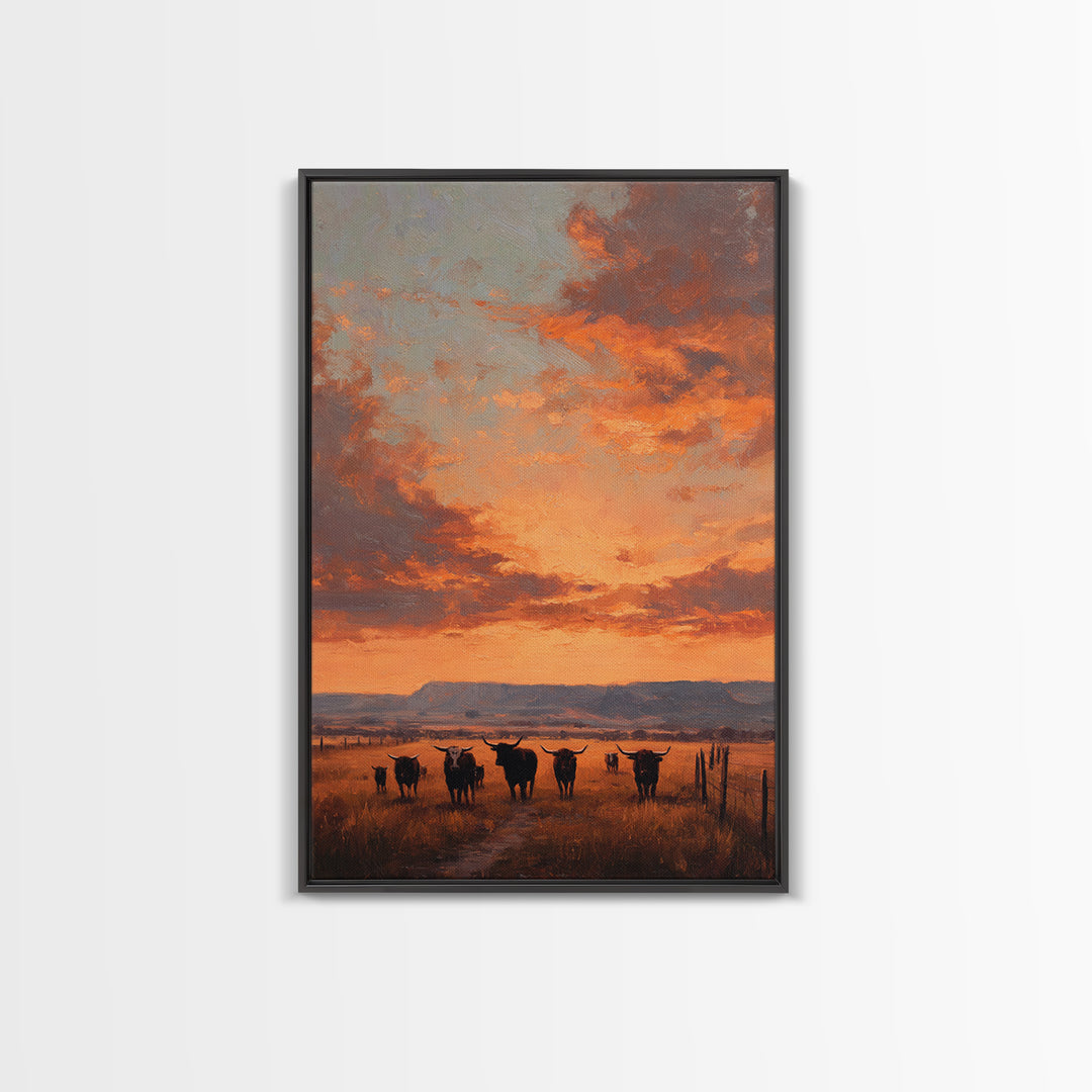 Rustic Western Sunset Landscape Painting With Longhorn Cows Framed Canvas Print For Country Home Decor And Farmhouse Wall Art