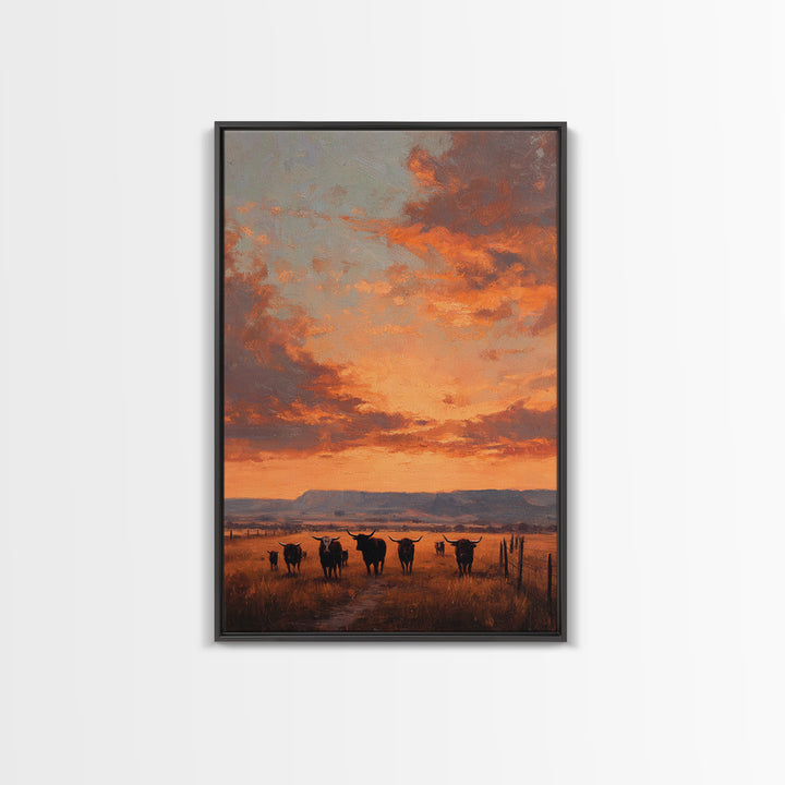 Rustic Western Sunset Landscape Painting With Longhorn Cows Framed Canvas Print For Country Home Decor And Farmhouse Wall Art
