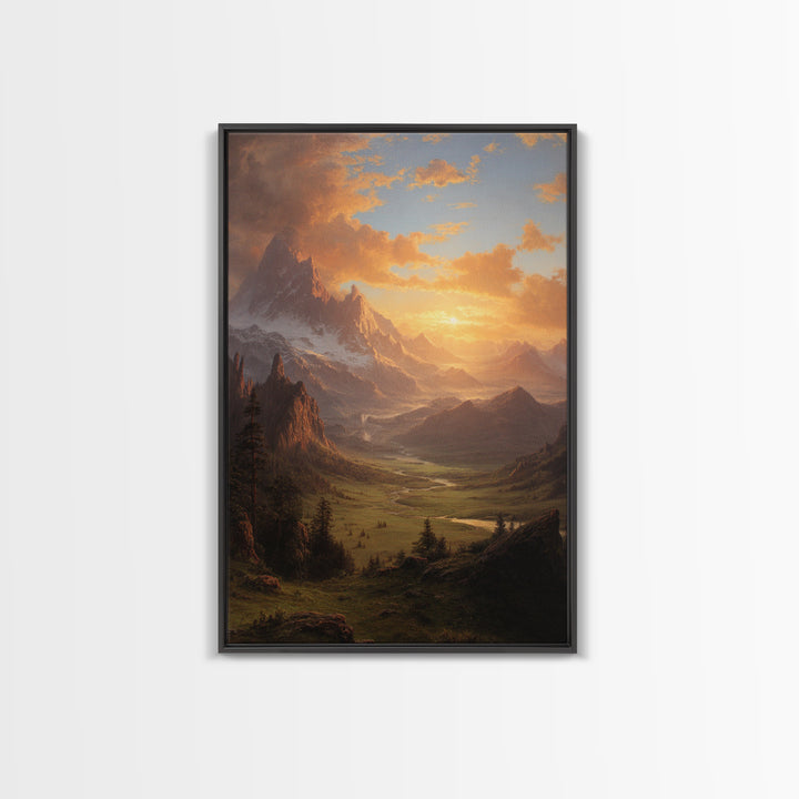Romantic Mountain Valley Landscape Painting At Sunset Wall Art Print For Living Room Decor Framed Canvas Print Nature Home Decor