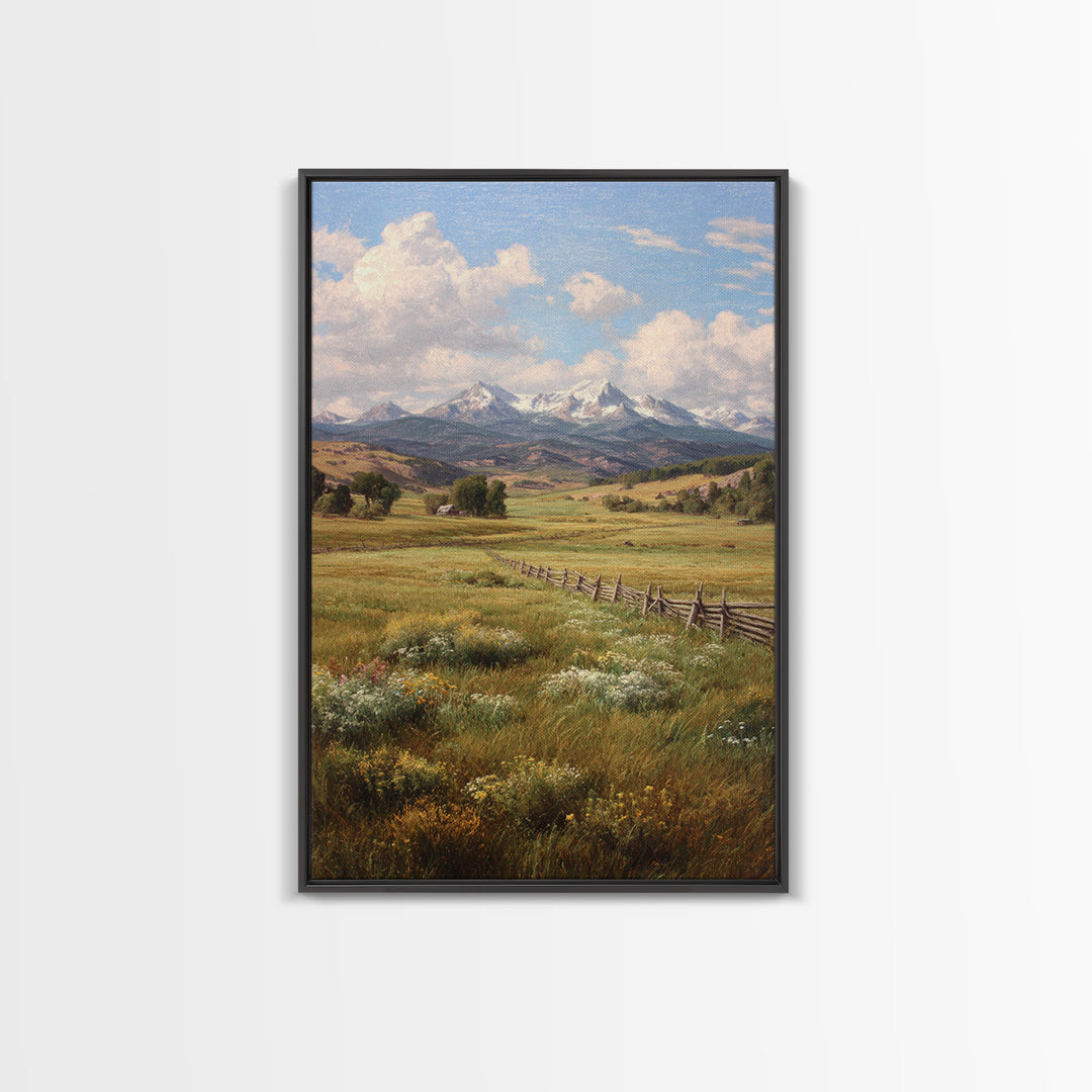Classic Mountain Landscape With Meadow And River Oil Painting Wall Art Canvas Print For Traditional Rustic Living Room Decor