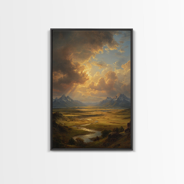 Sunlight Rays Breaking Through Cloudy Sky Over Vast Mountain Valley Framed Canvas Print For Nature Lovers