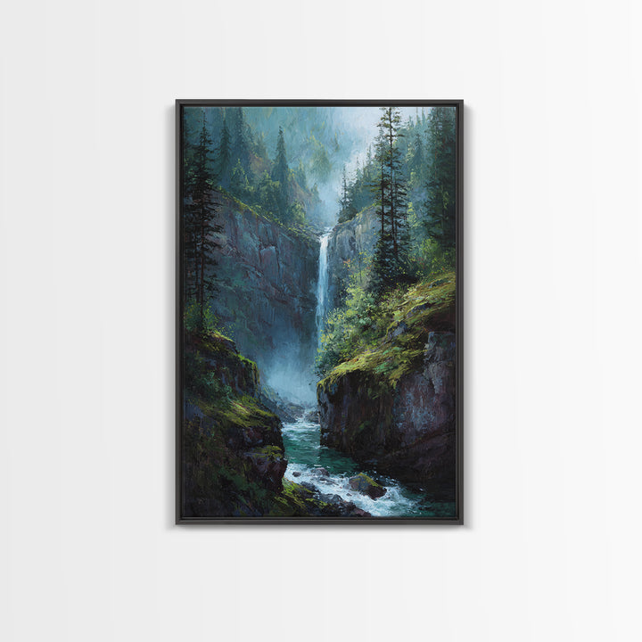 Beautiful Waterfall In Lush Forest Canvas Print, Serene Landscape Wall Art, Nature Inspired Modern Home Decor
