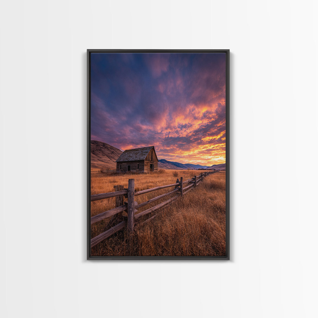 Tranquil Mountain Cabin And Boat By Lake Landscape Oil Painting - Framed Canvas Print Rustic Wall Art For Home Decor
