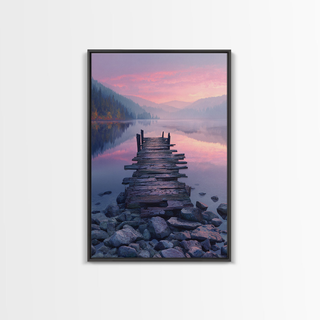 Peaceful Lakeside Dock Sunset Landscape Wall Art Canvas Print Serene Nature Wall Decor