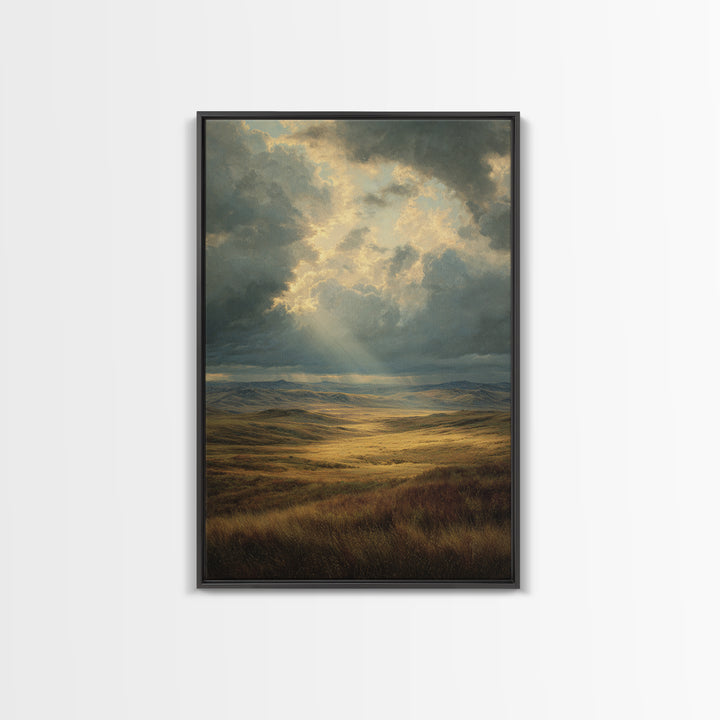 Magnificent Sunbeam Over Vast Meadow Landscape Painting Wall Art Large Canvas Print For Rustic And Farmhouse Decor