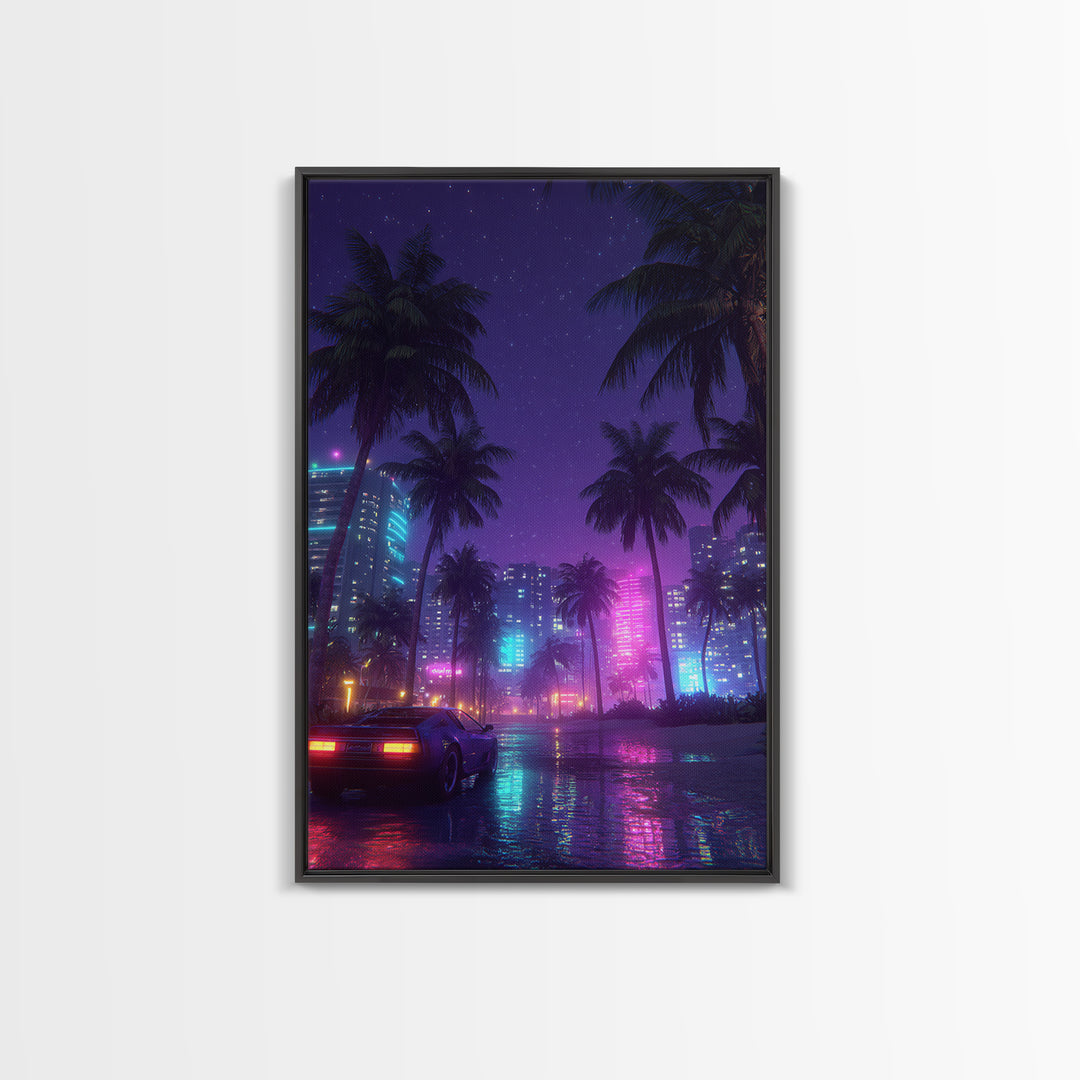 Neon Cityscape With Palm Trees And Retro Sports Car Large Wall Art Framed Canvas Print Vibrant Modern Home Decor