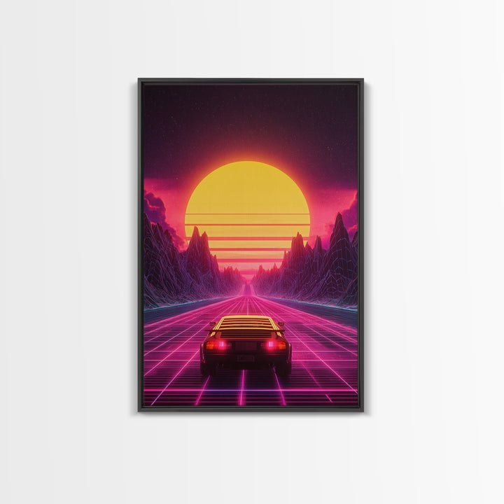 Retro Futuristic Neon Sunset Landscape With Car Driving On Road Wall Art Canvas Print Modern Home Decor For Living Room