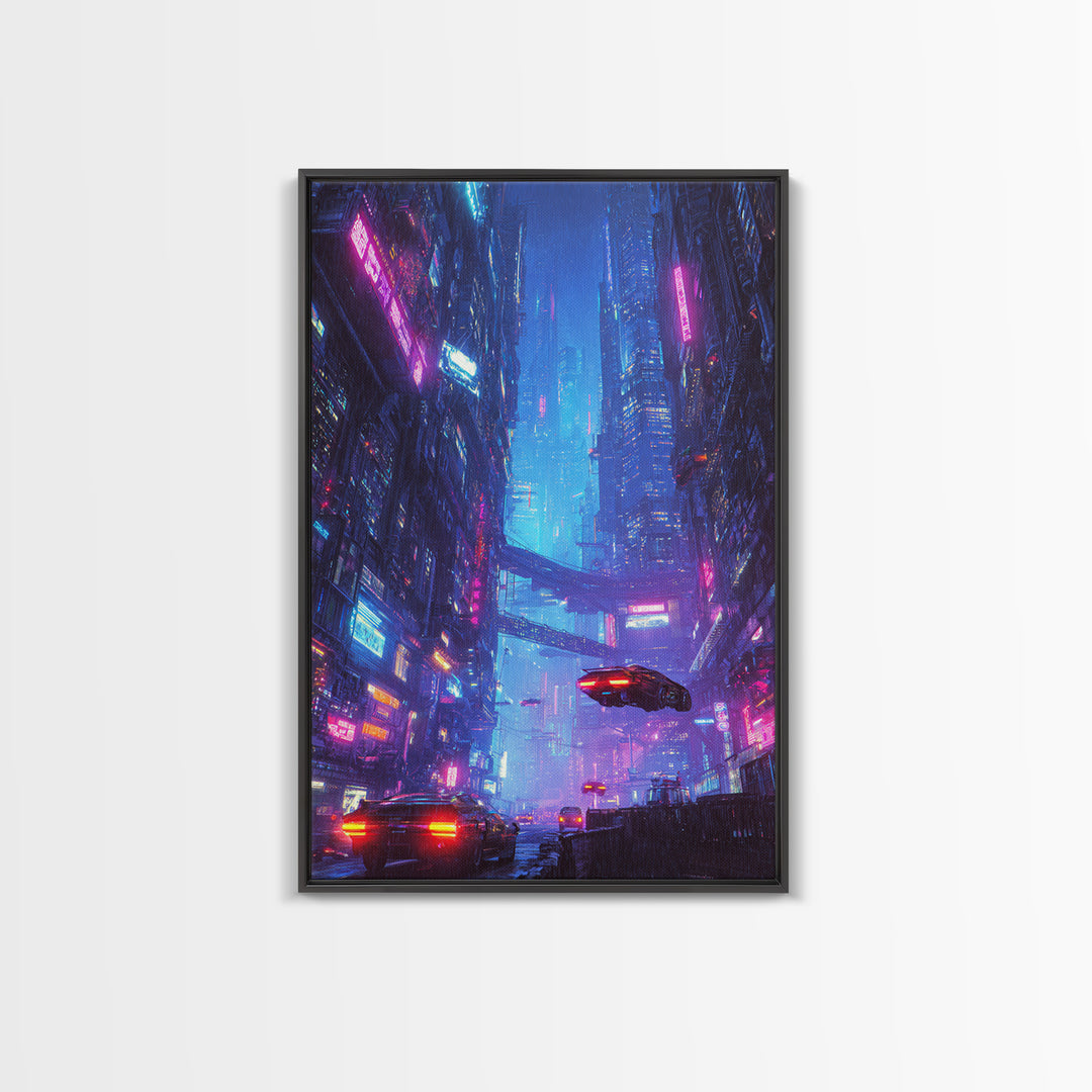 Cyberpunk Cityscape Night Scene Neon Lights Digital Wall Art Framed Canvas Print for Modern Home Decor