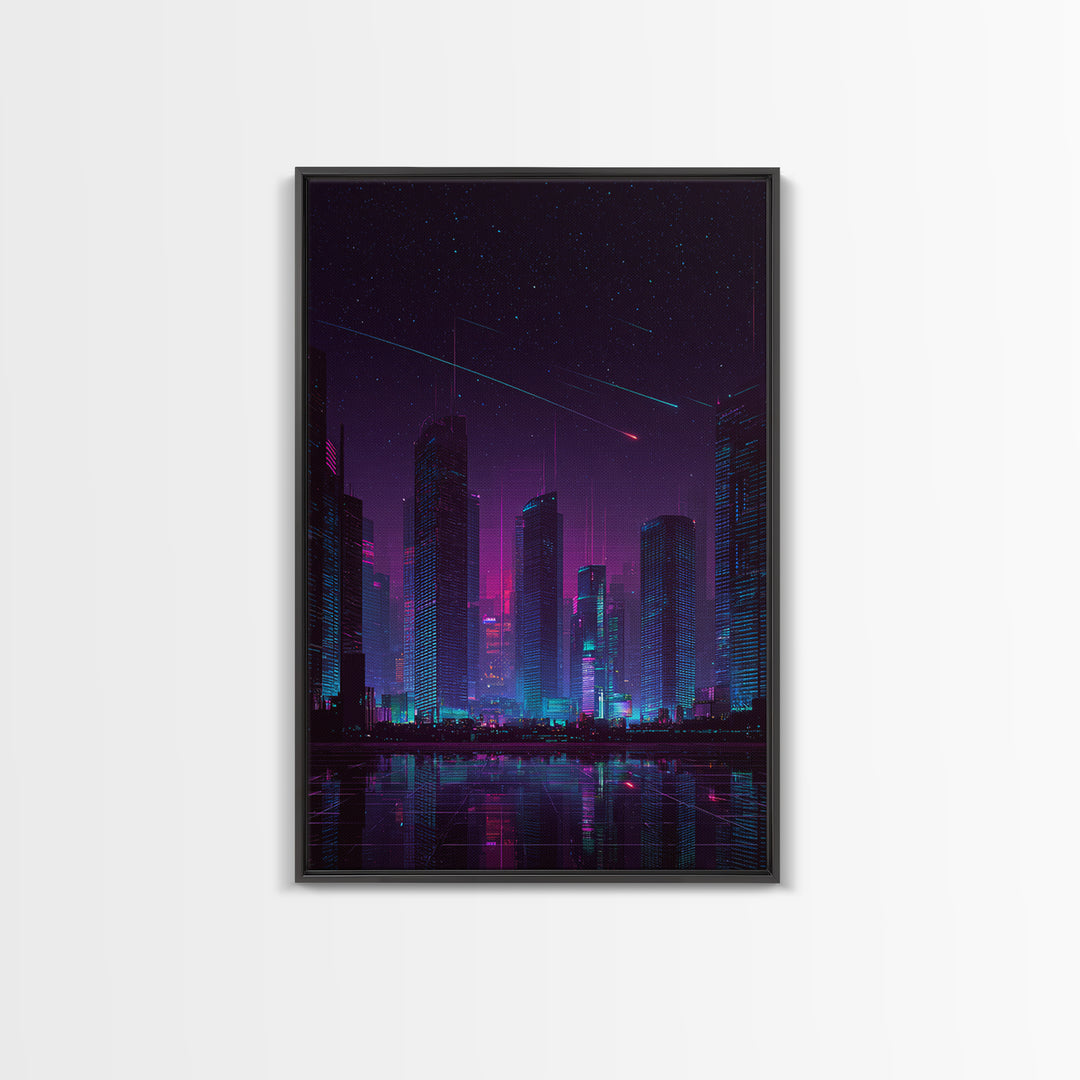 Cyberpunk Neon Cityscape Night Scene With Reflective Water And Shooting Stars Modern Wall Art For Office And Living Room Canvas Print