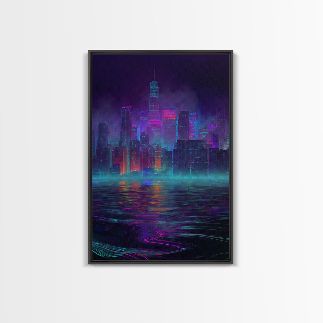 Neon Cyberpunk Cityscape With Reflections Futuristic Digital Wall Art Framed Canvas Print