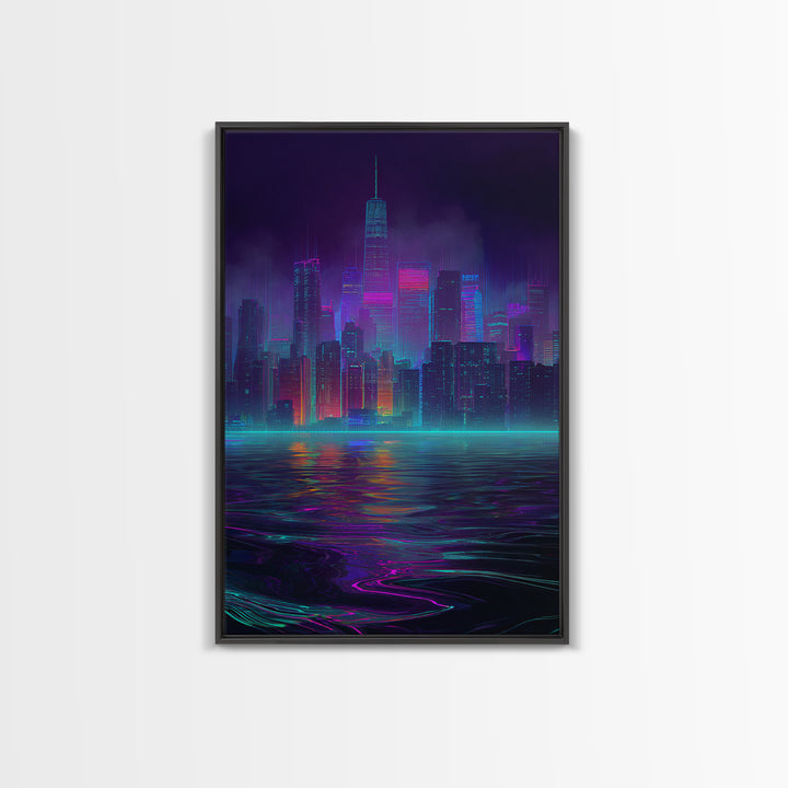 Neon Cyberpunk Cityscape With Reflections Futuristic Digital Wall Art Framed Canvas Print