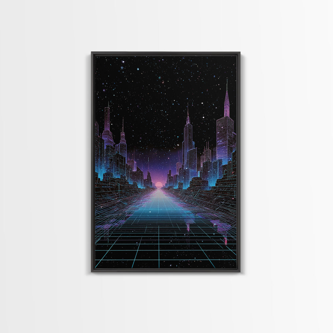 Futuristic Neon Cyberpunk City Nightscape Digital Art Wall Art Canvas Print Modern Urban Decor Aesthetic Gaming Room