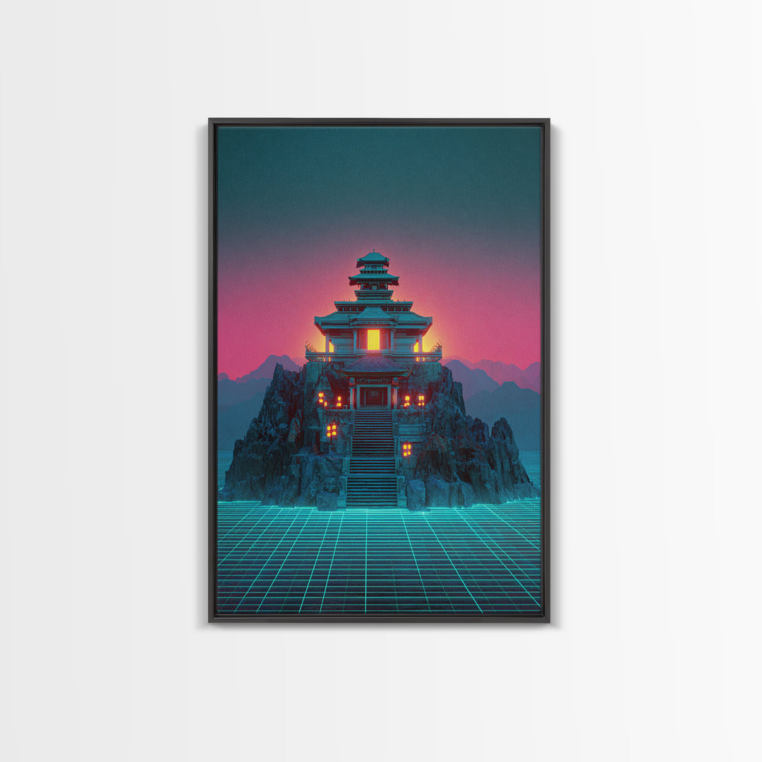 Futuristic Cyberpunk Japanese Temple Digital Artwork Wall Art Vibrant Canvas Print Perfect For Modern Home Decor