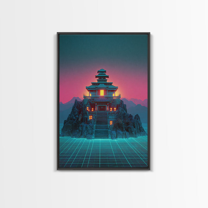Futuristic Cyberpunk Japanese Temple Digital Artwork Wall Art Vibrant Canvas Print Perfect For Modern Home Decor