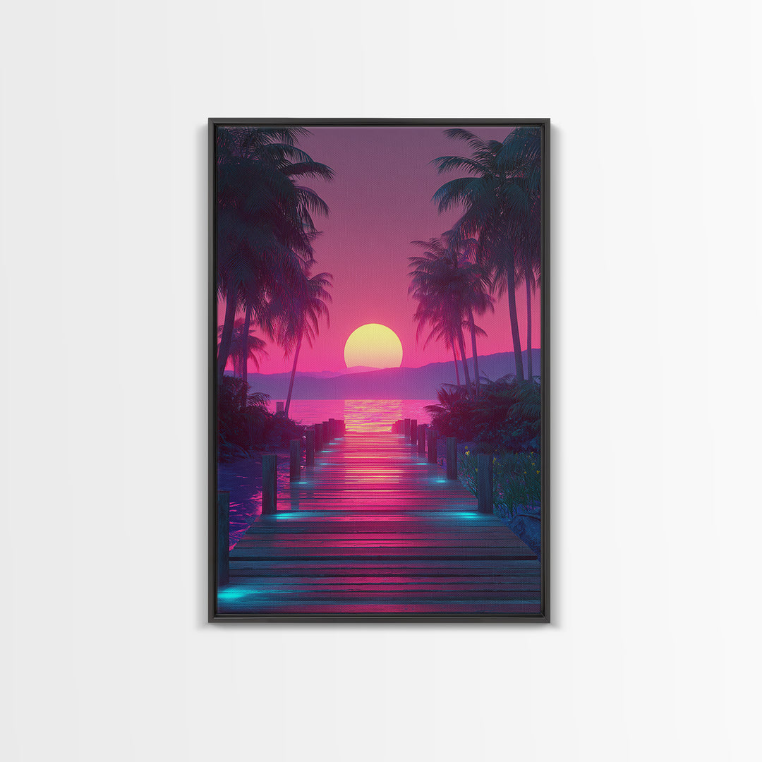 Retro Futuristic Neon Pink Sunset Over Waterfront Pier With Palm Trees Wall Art Framed Canvas Print For Vibrant Home Decor