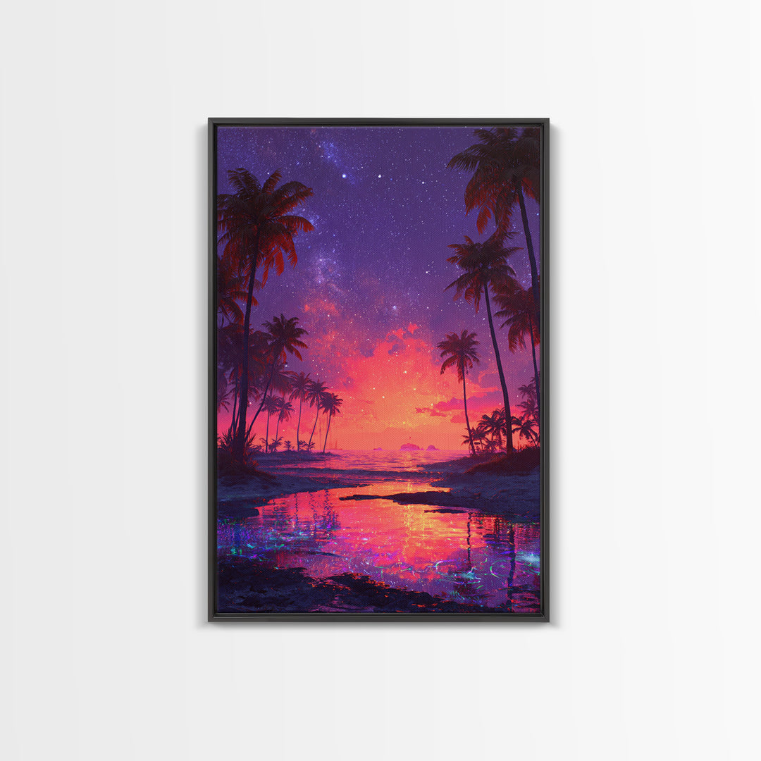 Vibrant Tropical Beach Sunset With Starry Sky Landscape Wall Art For Home Decor Framed Canvas Print
