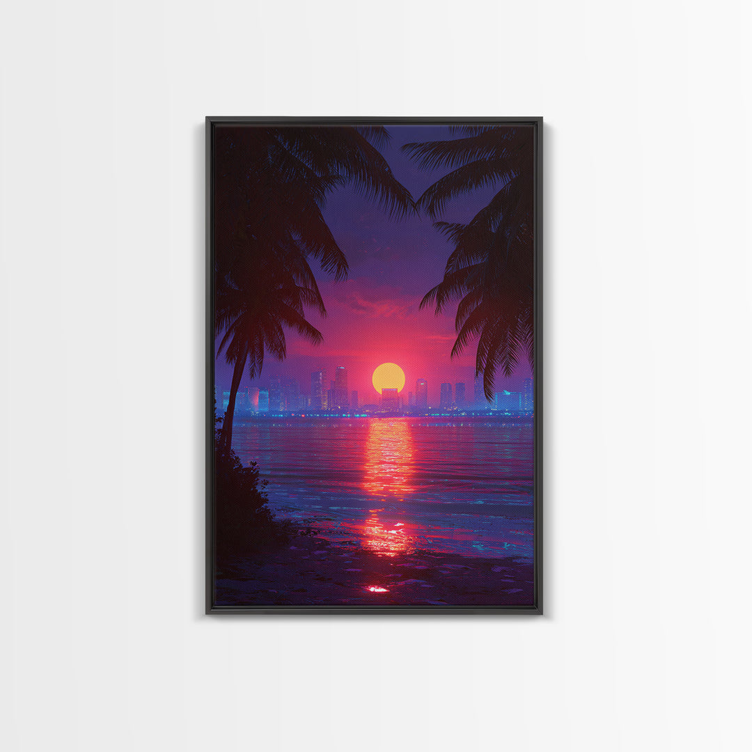 Retrowave Neon Sunset Cityscape Wall Art Canvas Print Modern Wall Art Miami Home Decor