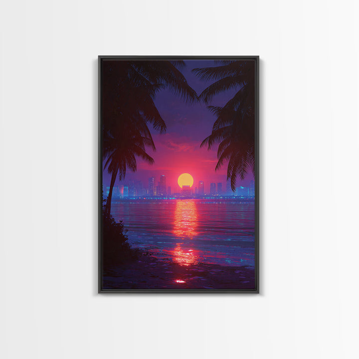 Retrowave Neon Sunset Cityscape Wall Art Canvas Print Modern Wall Art Miami Home Decor