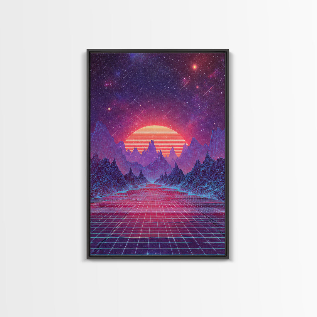Surreal Futuristic Mountain Sunset Digital Canvas Print, Neon Grid Landscape Wall Art, Sci-Fi Inspired Modern Decor