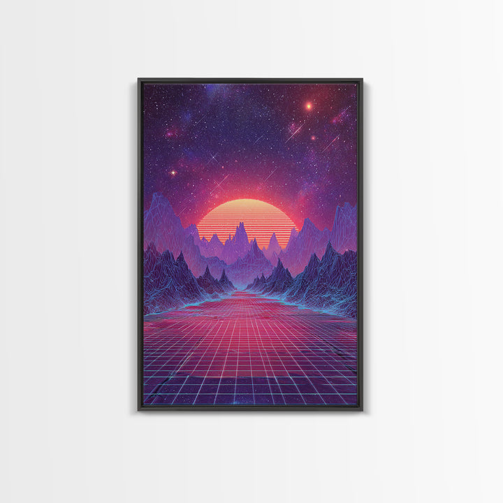 Surreal Futuristic Mountain Sunset Digital Canvas Print, Neon Grid Landscape Wall Art, Sci-Fi Inspired Modern Decor
