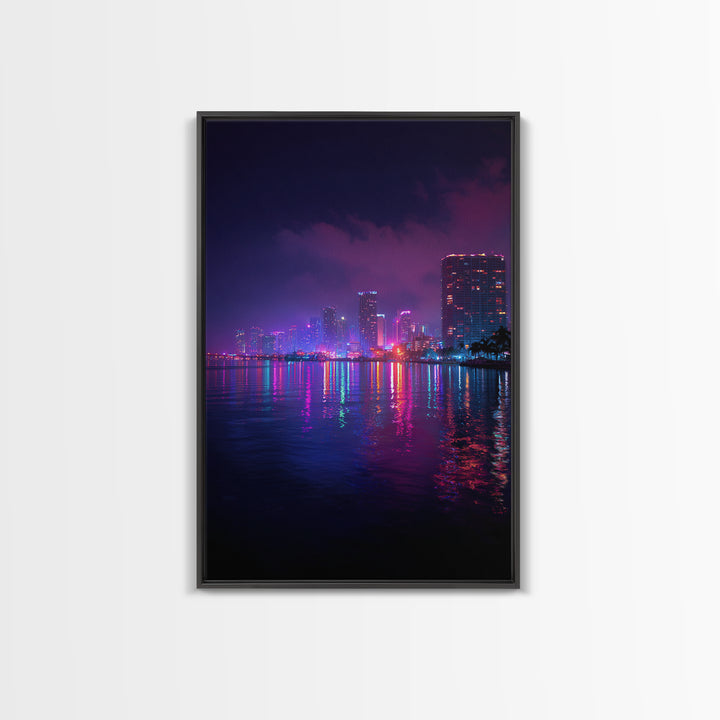 Miami City Lights Neon Reflection At Night Urban Wall Art Modern Canvas Print For Office Decor And Living Room