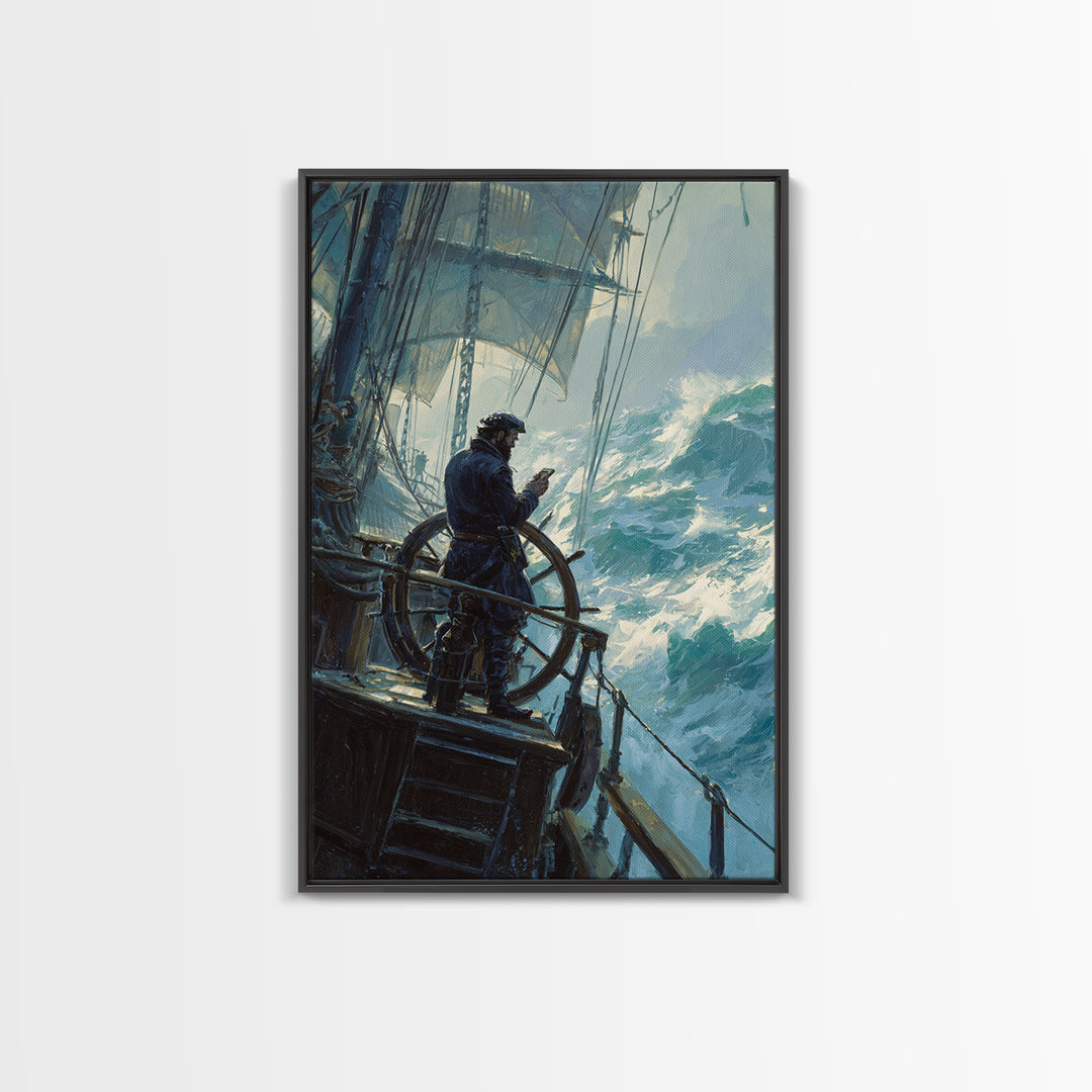 Stormy Sailor At Ship Wheel Large Canvas Print, Nautical Seascape Wall Art, Ocean Painting, Coastal Decor For Living Room