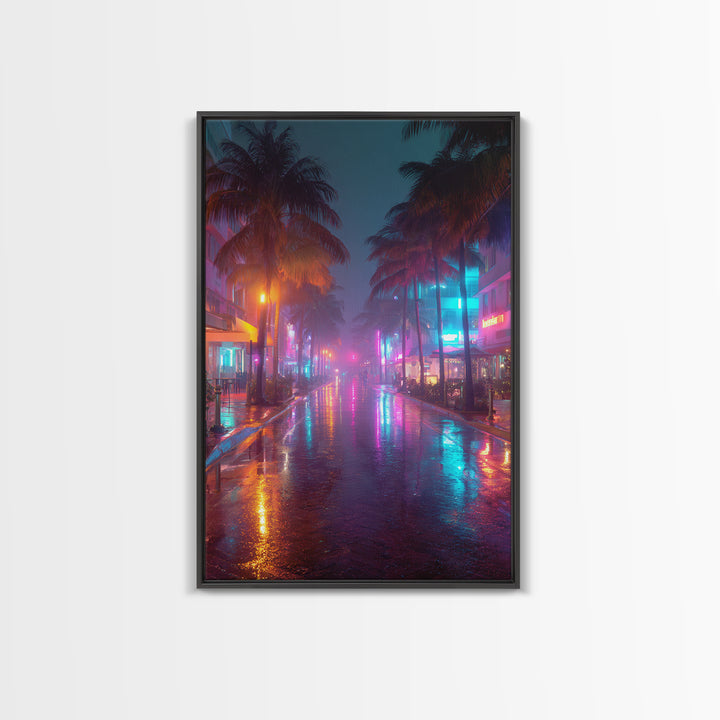 Wet Neon City Street At Night Rainfall Reflection Wall Art Modern Canvas Print For Bedroom And Living Room Decor