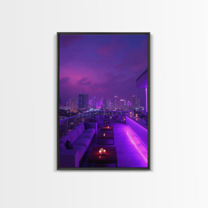 Modern City Nightscape With Vibrant Purple Neon Lights Wall Art Canvas Print Trendy Home Décor For Living Room