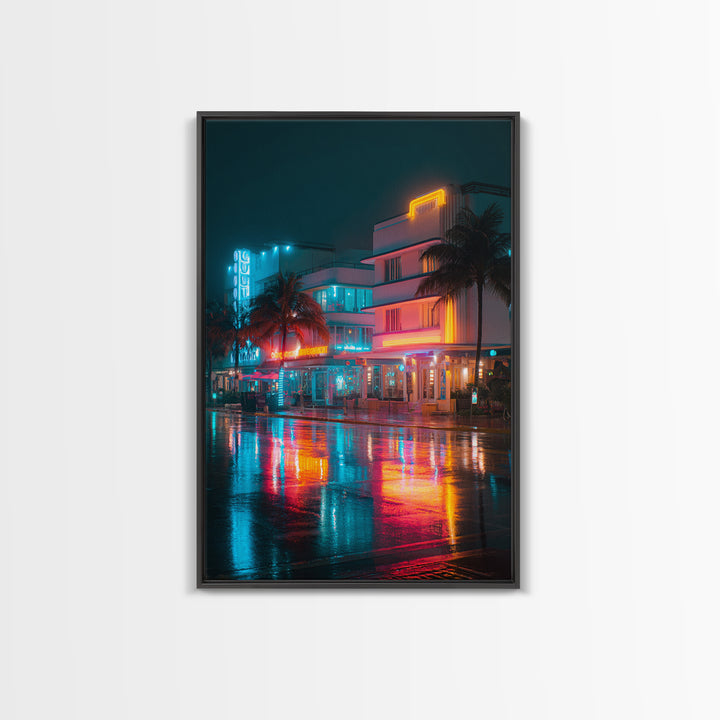 Neon City Night Scene With Palm Trees And Vibrant Lights Ultra Modern Wall Art Framed Canvas Print For Urban Home Decor