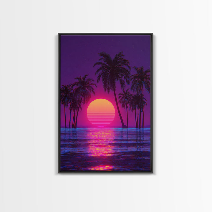 Vivid Neon Sunset With Palm Trees And Reflective Waterfall Retro Futuristic Landscape Wall Art Canvas Print