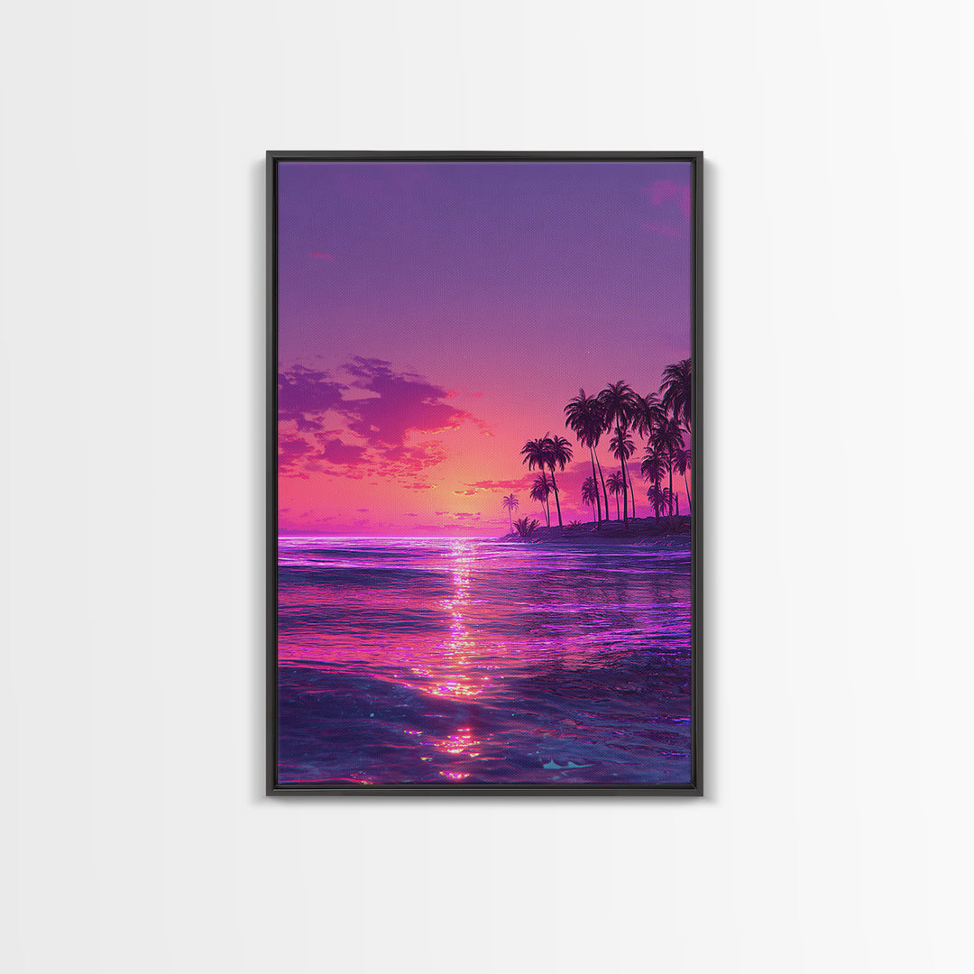 Vibrant Neon Pink And Purple Tropical Sunset With Palm Trees Coastal Wall Art Canvas Print For Modern Beach Decor